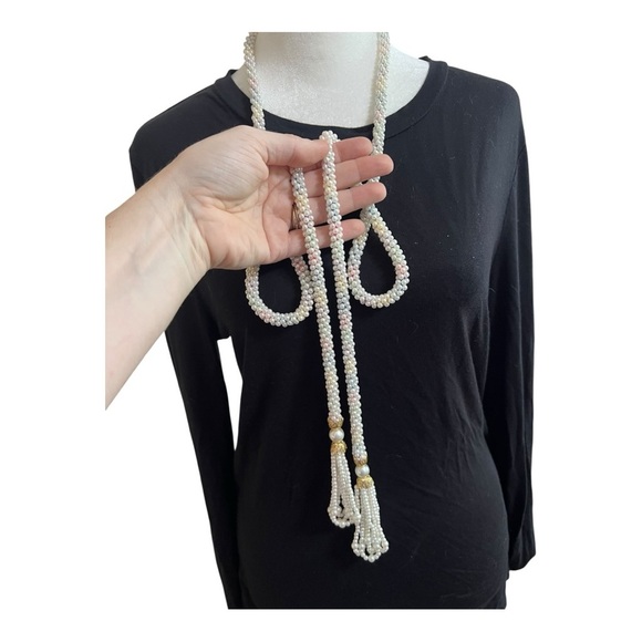 VTG Faux Pearl Beaded White Gold Rainbow Thread Tassel Strand Belt Sash Elegant - Picture 5 of 12